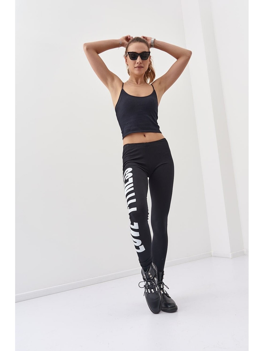 Sports leggings with white print, black 9726 - Online store - Boutique